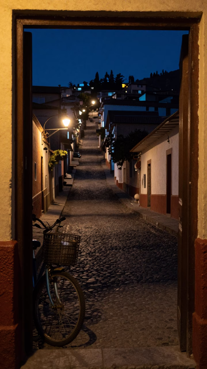 Midnight La Paz Street Scene with Doorframe and Bicycle Basket in in La Paz, Bolivia
