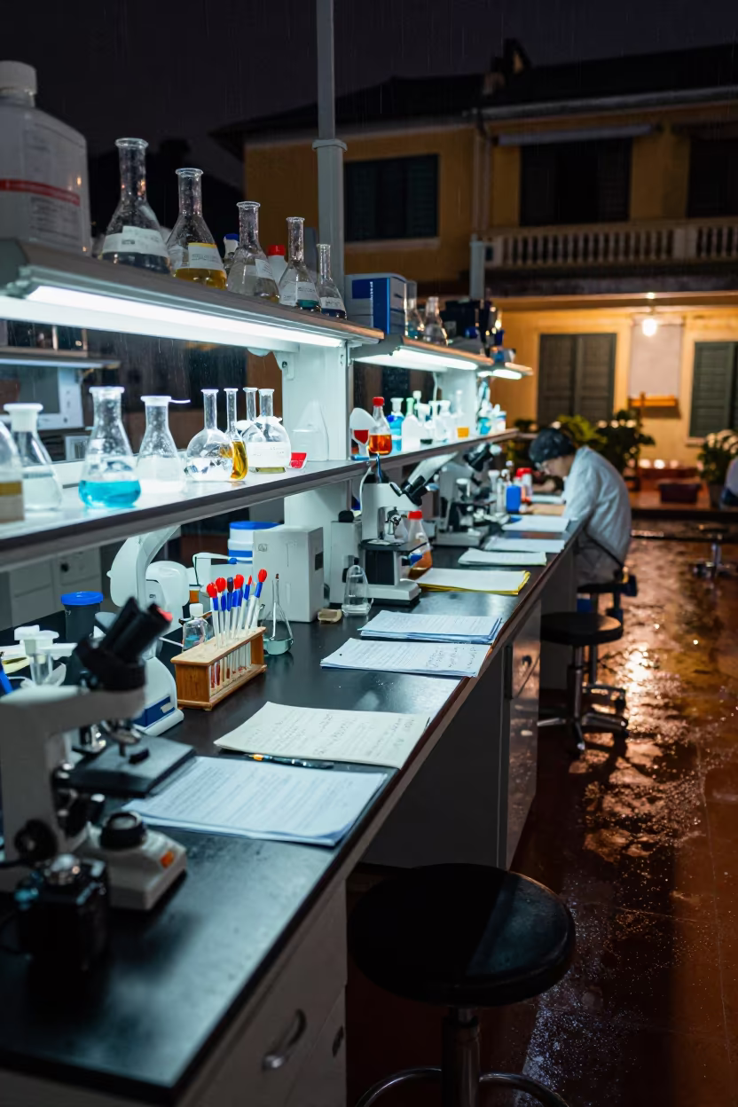 Midnight Lab Bench with Flasks and Notes in inside a university research lab in Hoi An