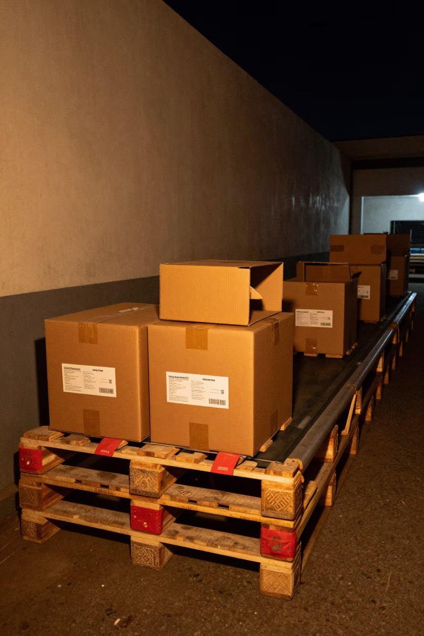 Midnight Lagos Sorting Belt with Red Hold Tags in at a parcel sorting belt near Lagos