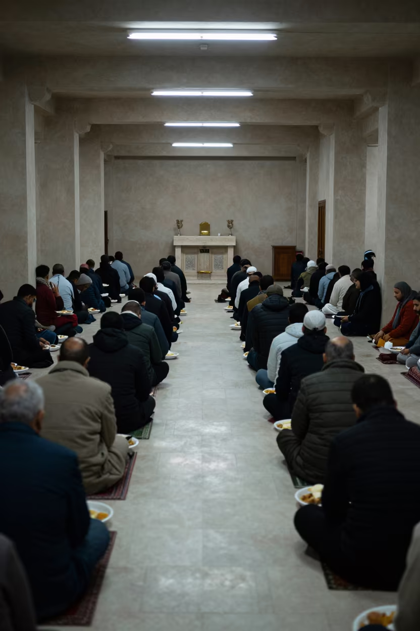 Midnight Langar Hall With Stone Altar in Muscat in at the foot of a stone altar in Muscat