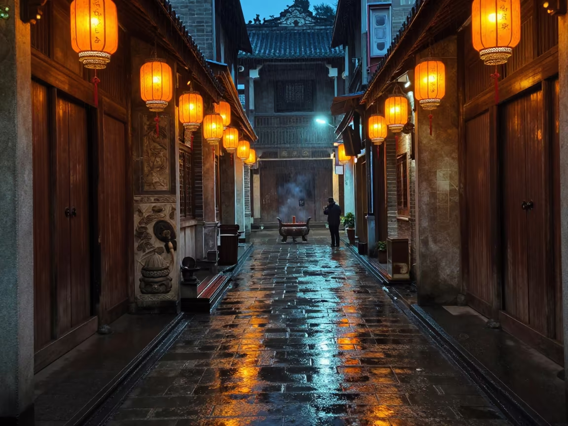 Midnight Lantern Alley in Haikou Temple Courtyard in in a temple courtyard in Haikou