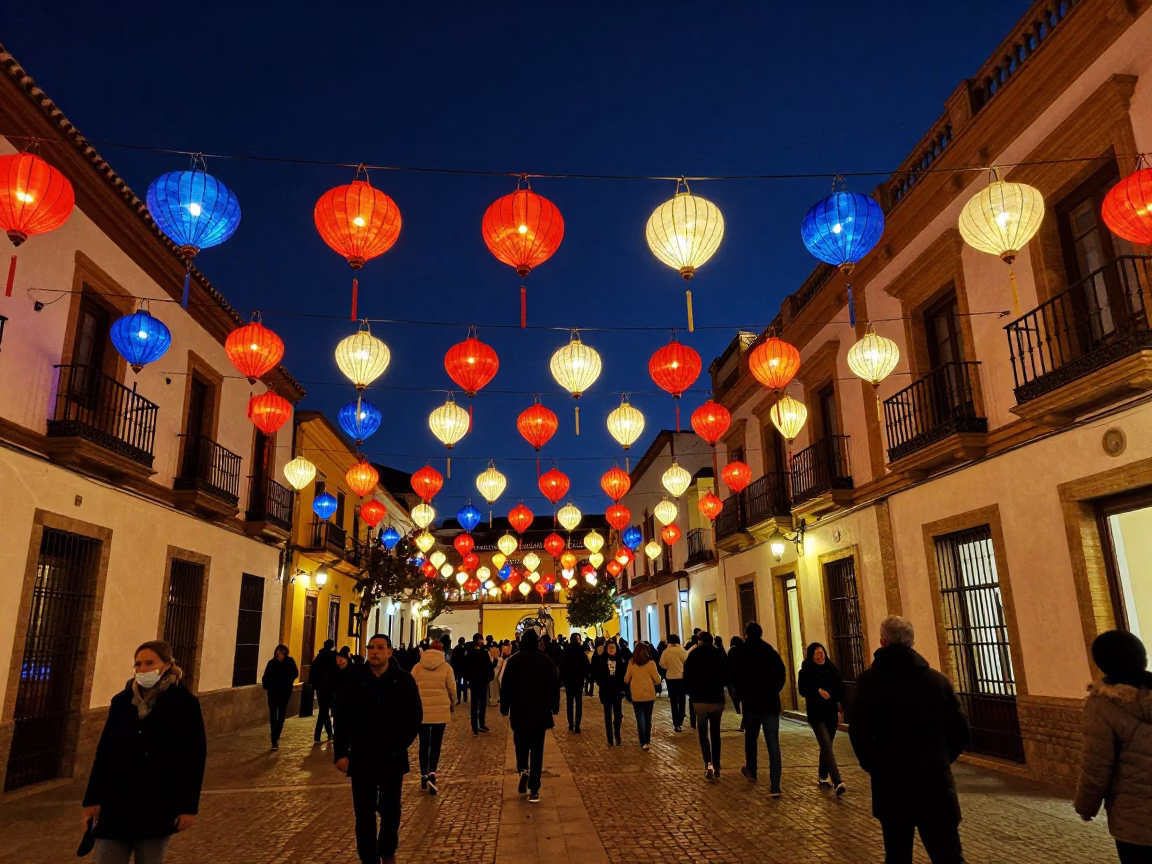 Midnight Lantern Festival in Seville Spain with Colorful Decorations and Crowds in in Seville, Spain