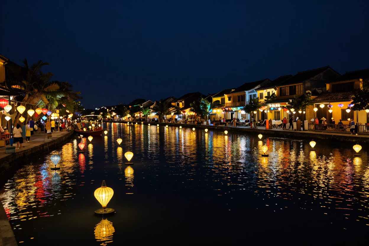 Midnight Lantern Festival on Hoai River in Hoi An Vietnam with Traditional Junk Boats in in Hoi An, Vietnam