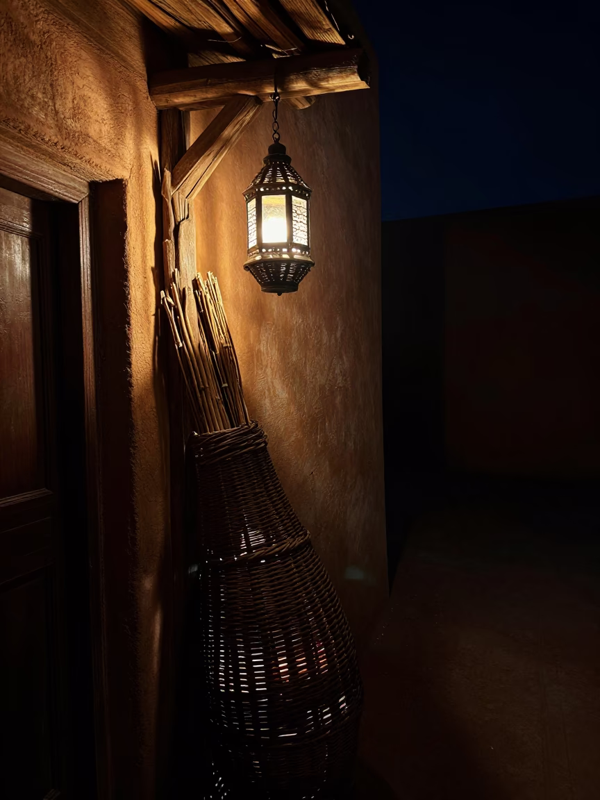 Midnight Lantern Glow Illuminating Weathered Wicker Fibers on Marrakech Medina Street in in Marrakech, Morocco