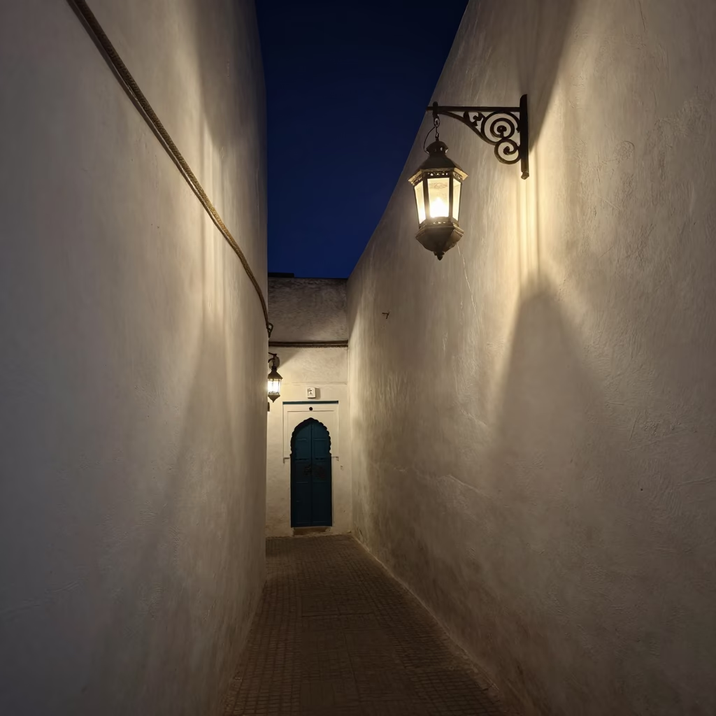 Midnight Lantern Light on Essaouira Medina Alley with Traditional Ocarina Player in in Essaouira, Morocco