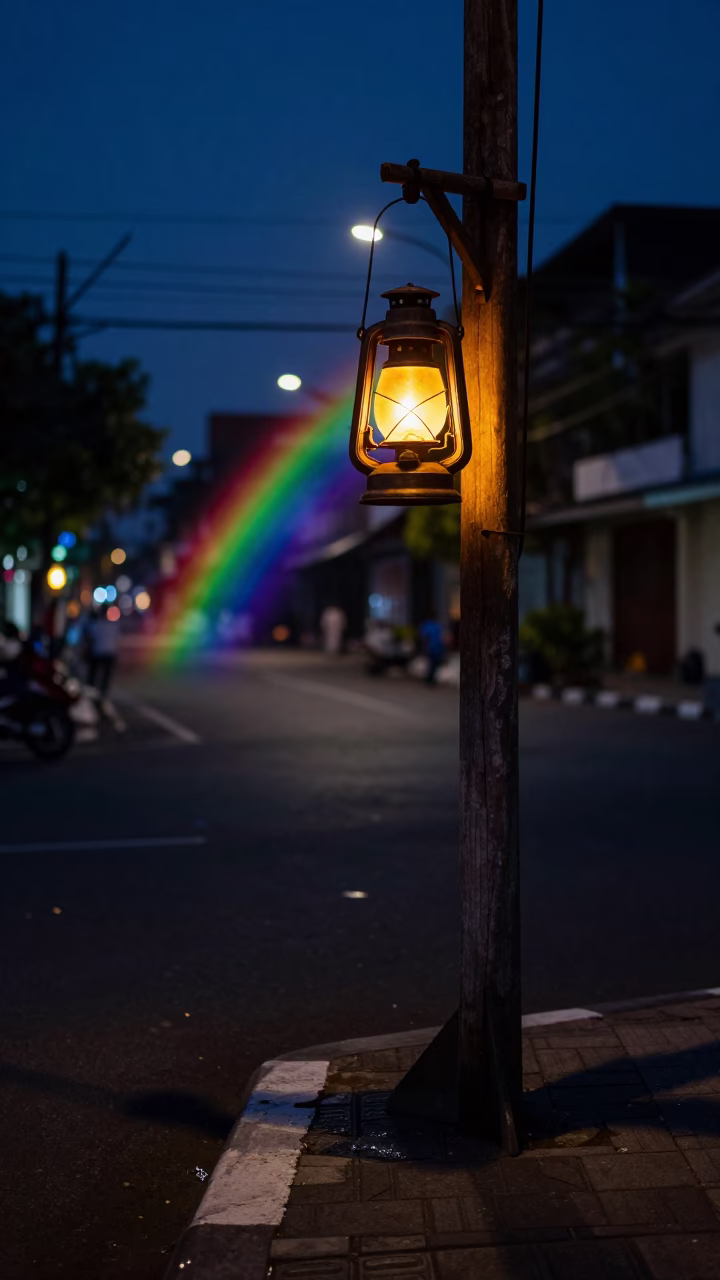 Midnight Lantern Light on Surabaya Street Corner with Rainbow Eucalyptus and Local Interaction in in Surabaya, Indonesia