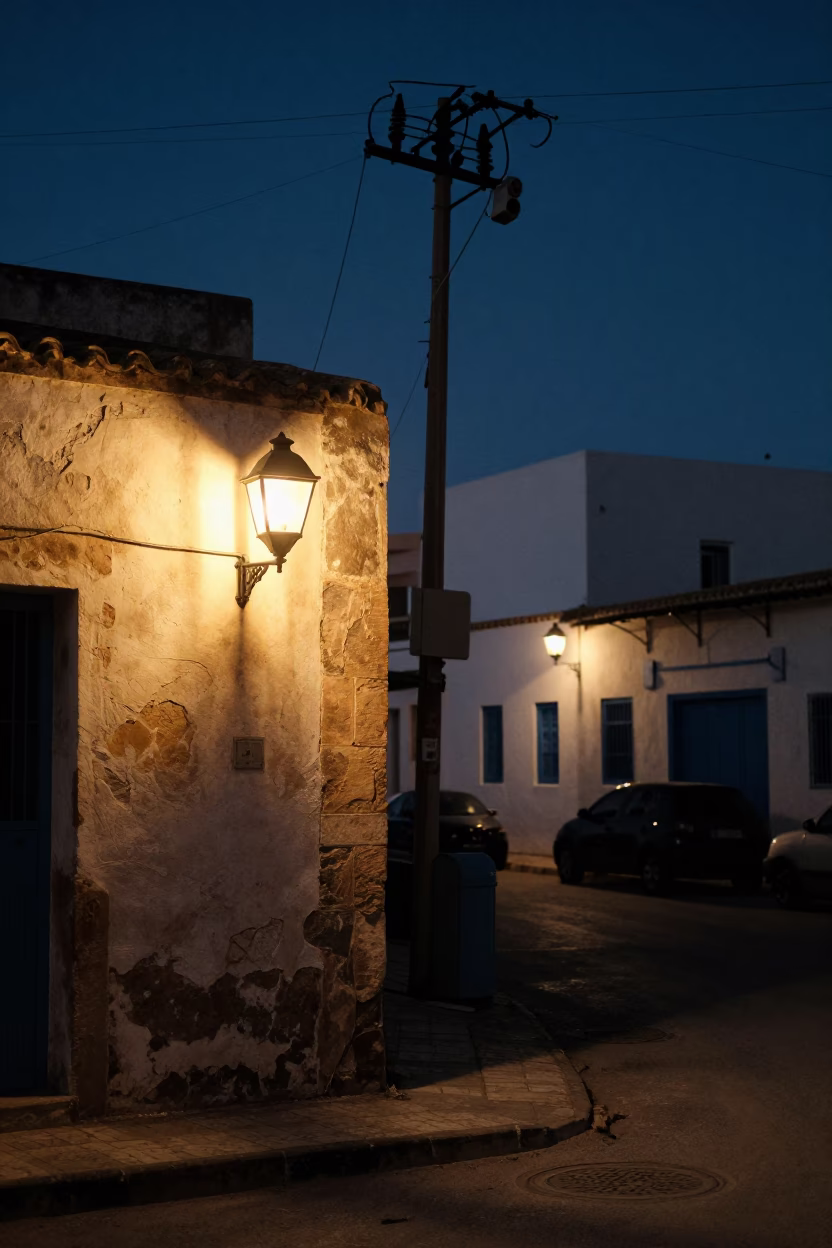 Midnight Lantern Light on Tunis Street with Power Substation Lattice in in Tunis, Tunisia
