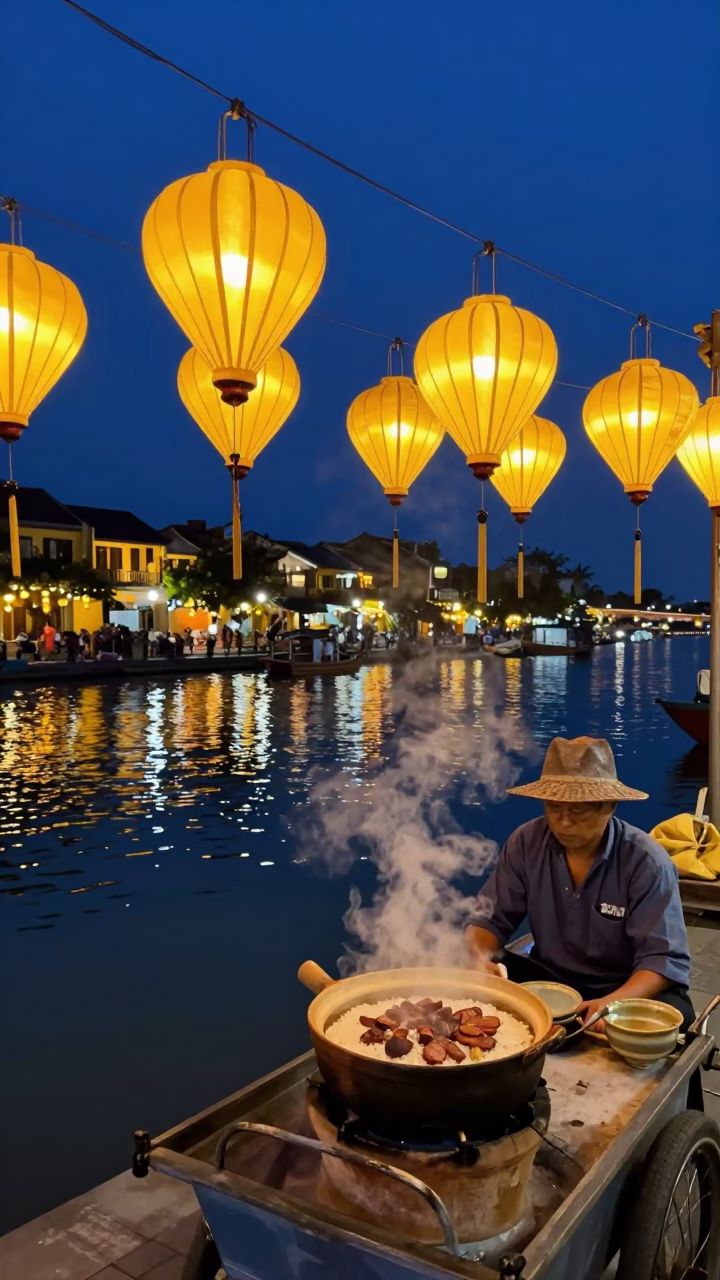 Midnight Lanterns Over Hoi An River with Steam and Claypot Rice in in Hoi An, Vietnam