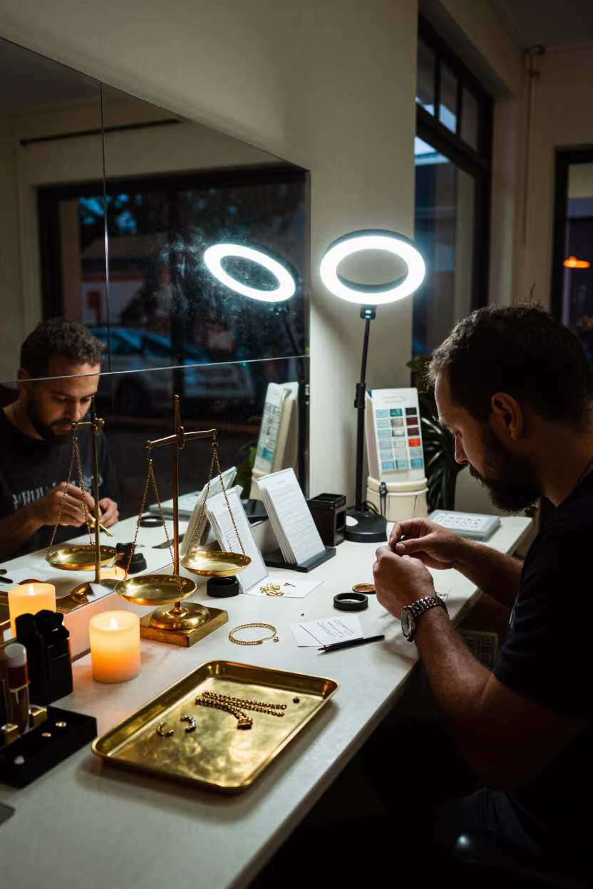 Midnight Lash Studio in Johannesburg Jeweler Stall in inside a jeweler's stall with brass scales and trays in Melville, Johannesburg