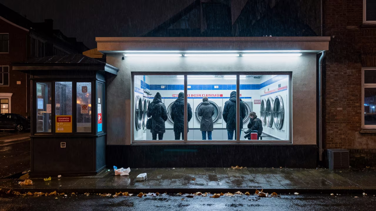 Midnight Laundromat Silhouette in Aarhus Rain in by a rain-darkened kiosk in Aarhus