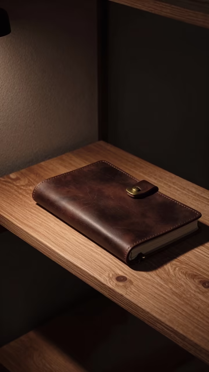 Midnight Leather Journal on Oaxaca Shelf in on a workshop shelf near Oaxaca