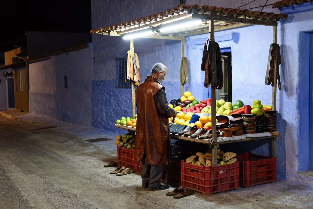 Midnight Leather Merchant in Chefchaouen in at a roadside fruit stand in Chefchaouen