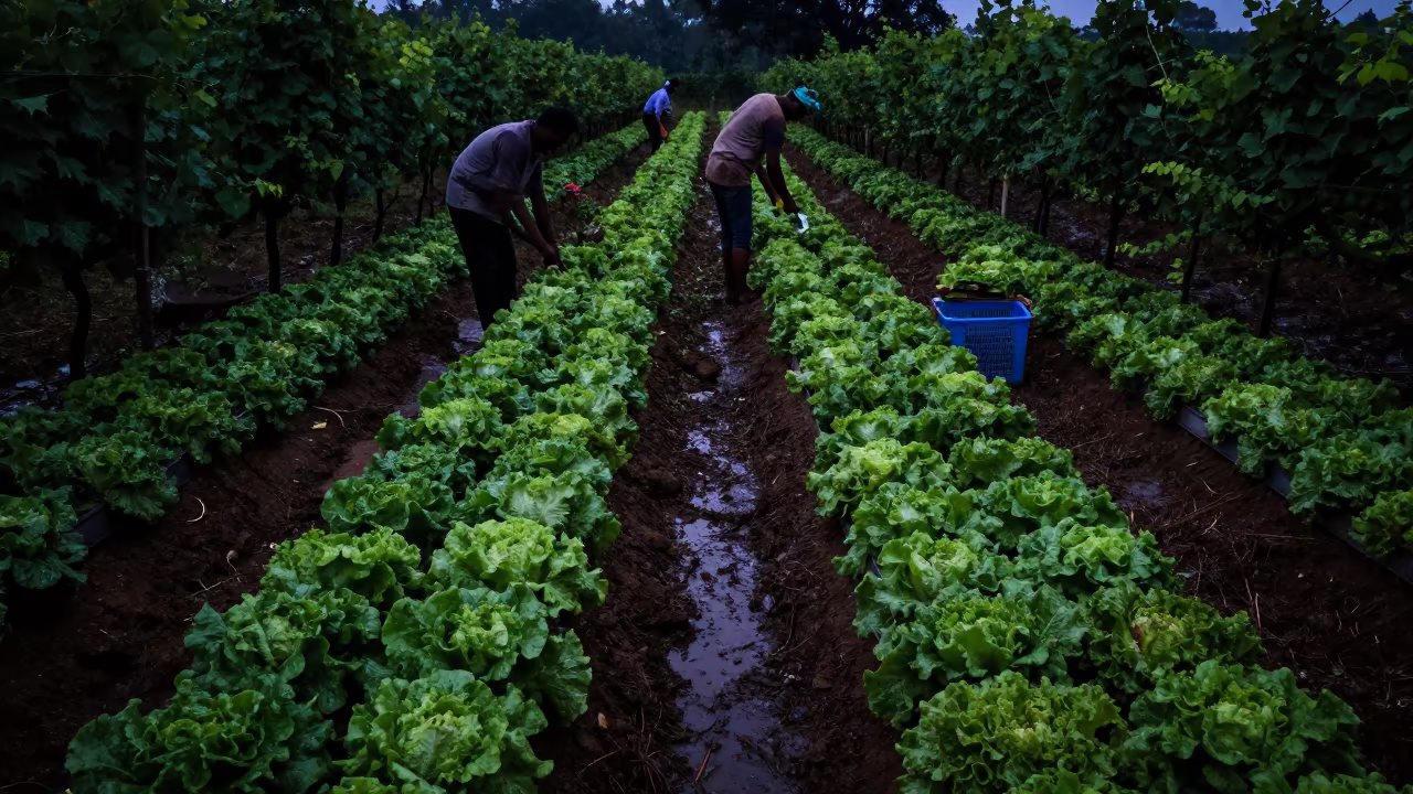 Midnight Lettuce Harvest Between Vineyard Trellises in between vineyard trellises near Bangalore