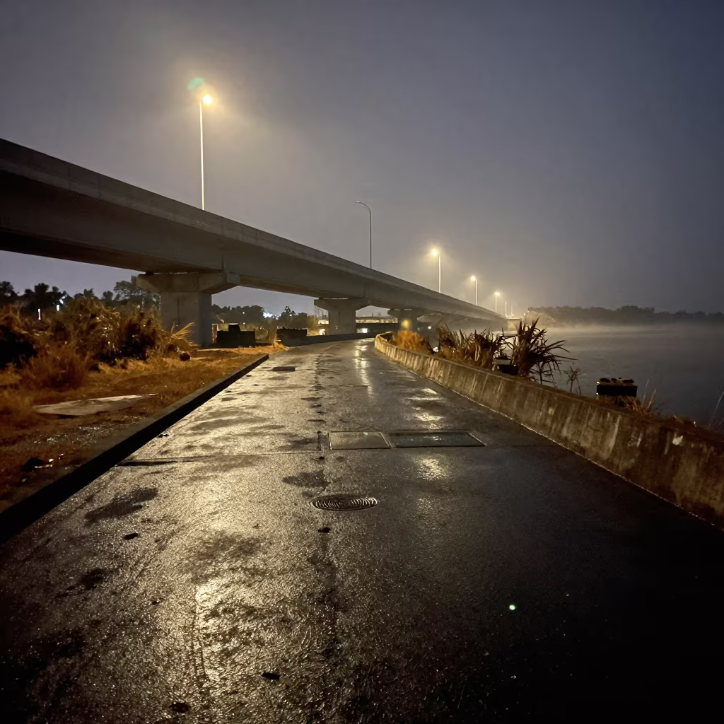 Midnight Levee Path After Flood Recedes Liberia in across a windy overpass interchange in Liberia