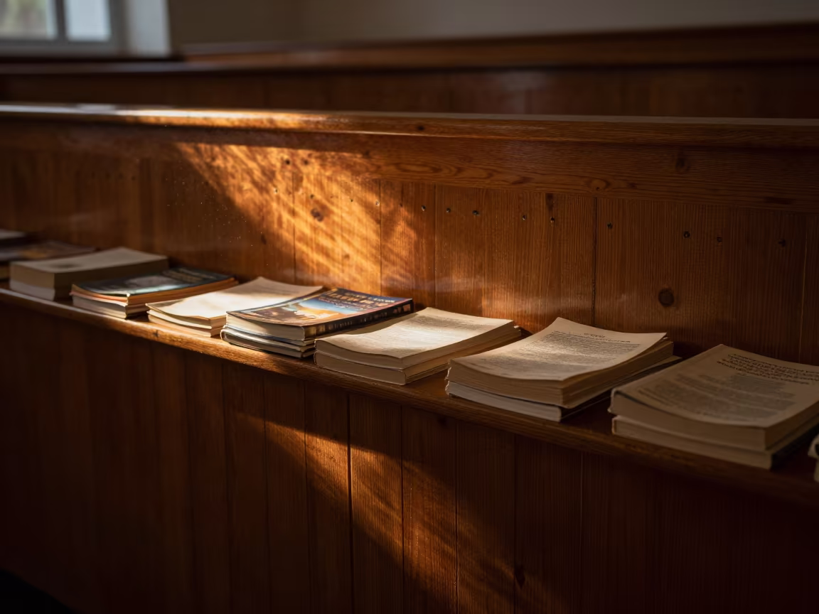 Midnight Library Window Seat with Paperbacks in in a lecture hall before the crowd arrives in Białystok
