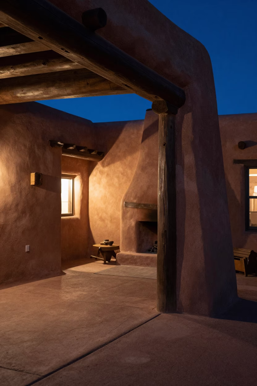 Midnight Light on Adobe Interior in Santa Fe in in Santa Fe, New Mexico, United States