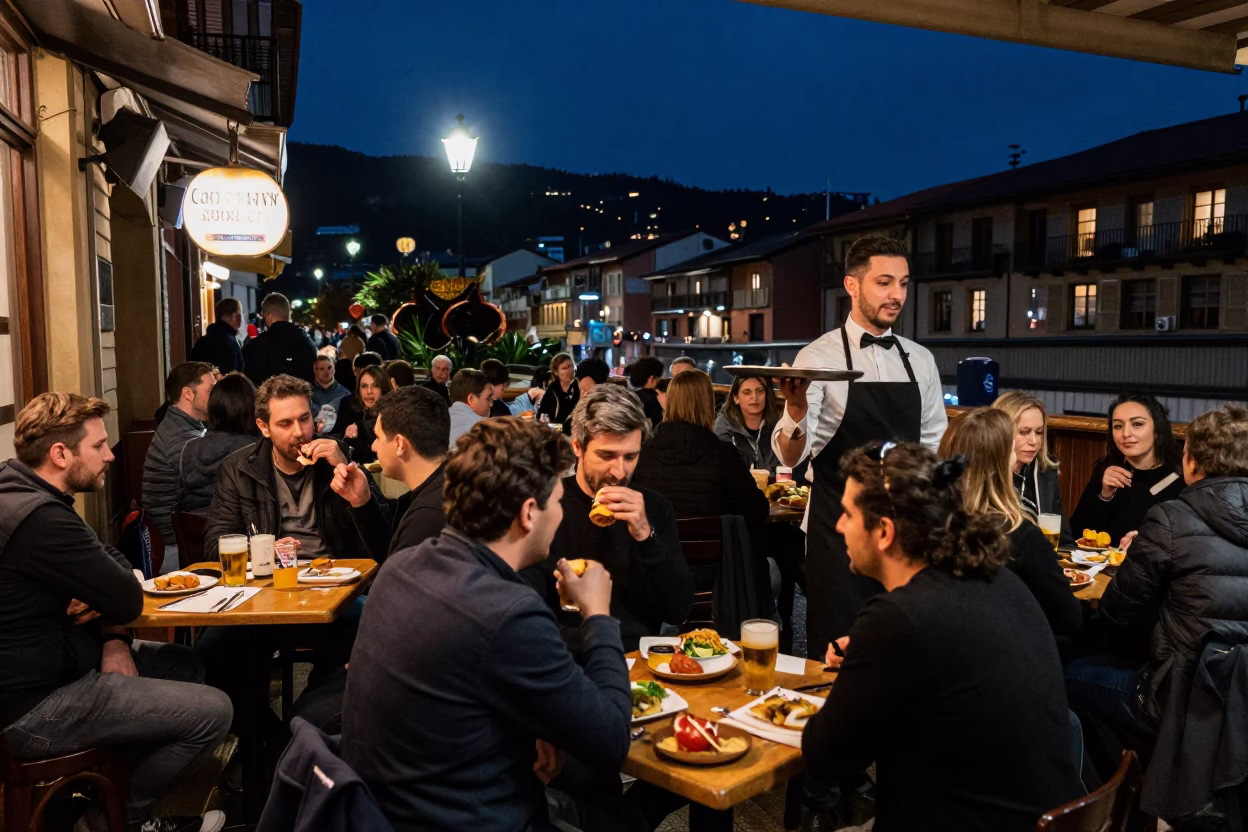 Midnight Light on Bar Scene in Bilbao in in Bilbao, Spain