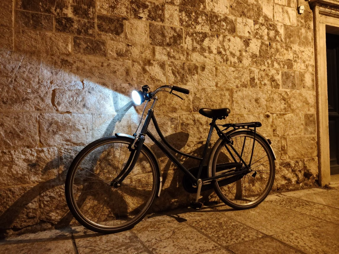 Midnight Light on Bicycle Parked in Dubrovnik in in Dubrovnik, Croatia