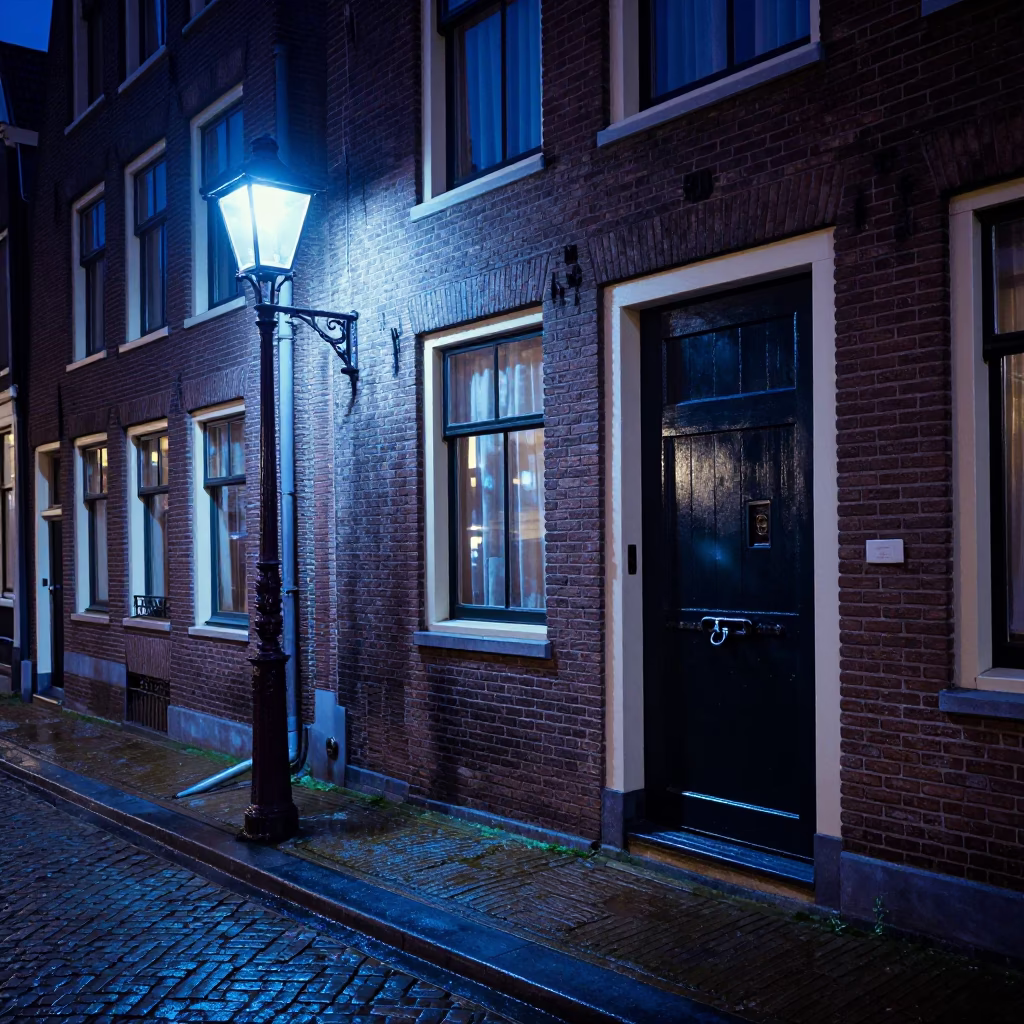 Midnight Light on Brick Facade in Amsterdam in in Amsterdam, Netherlands