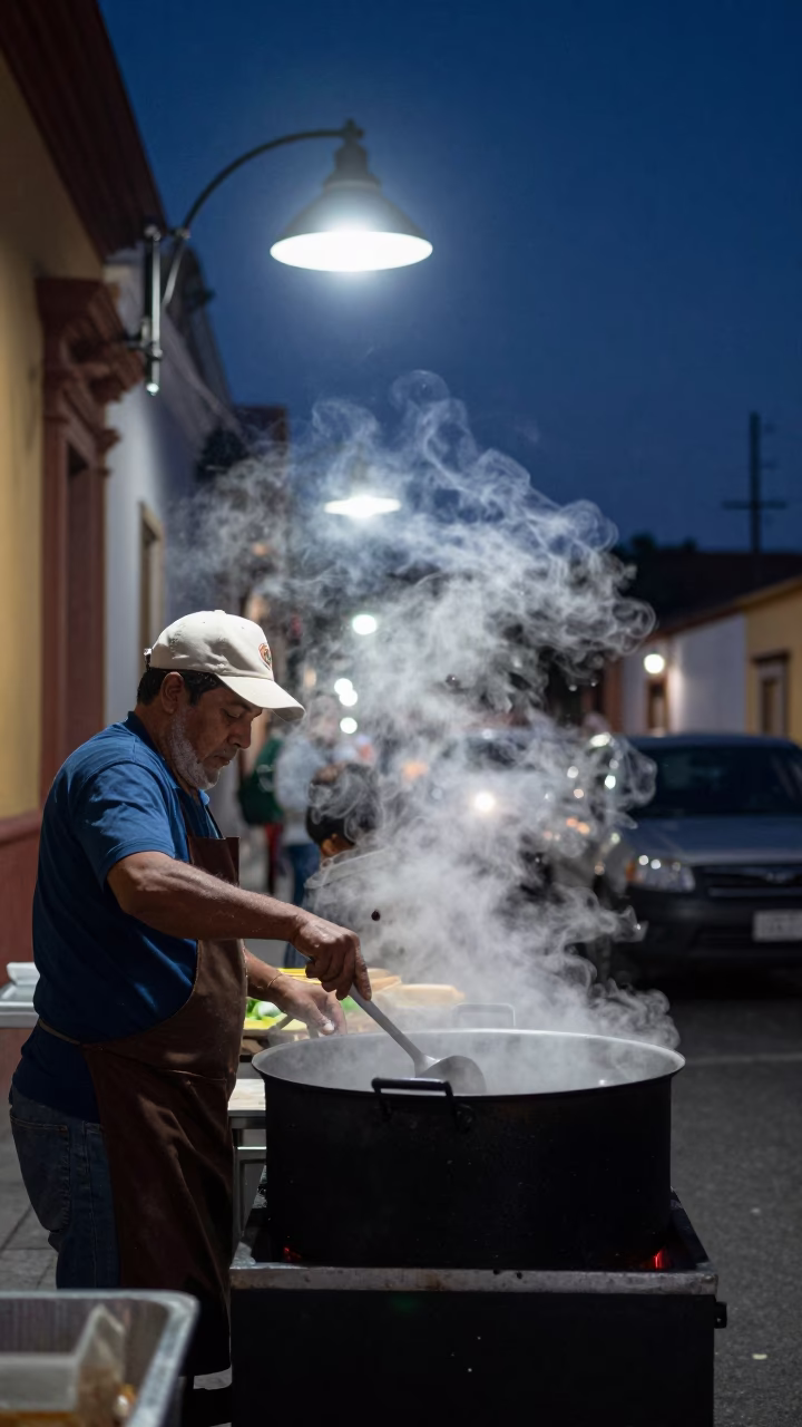 Midnight Light on Food Scene in Merida in in Merida, Mexico