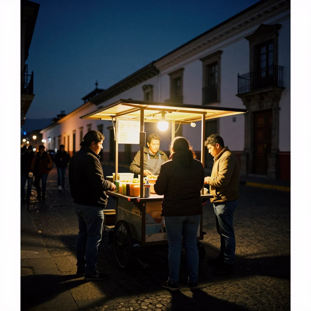 Midnight Light on Food Scene in Quito in in Quito, Ecuador