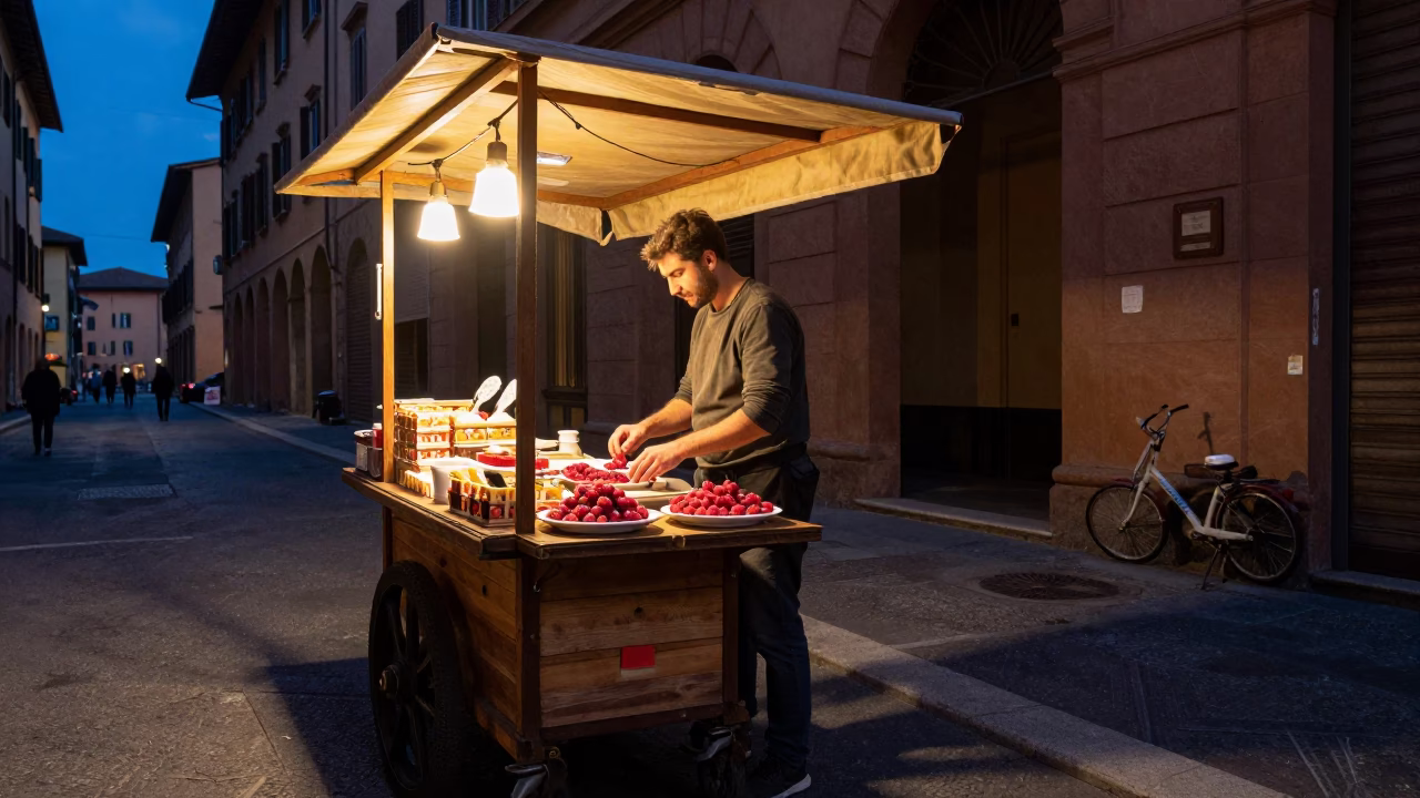 Midnight Light on Food Stall in Bologna in in Bologna, Italy