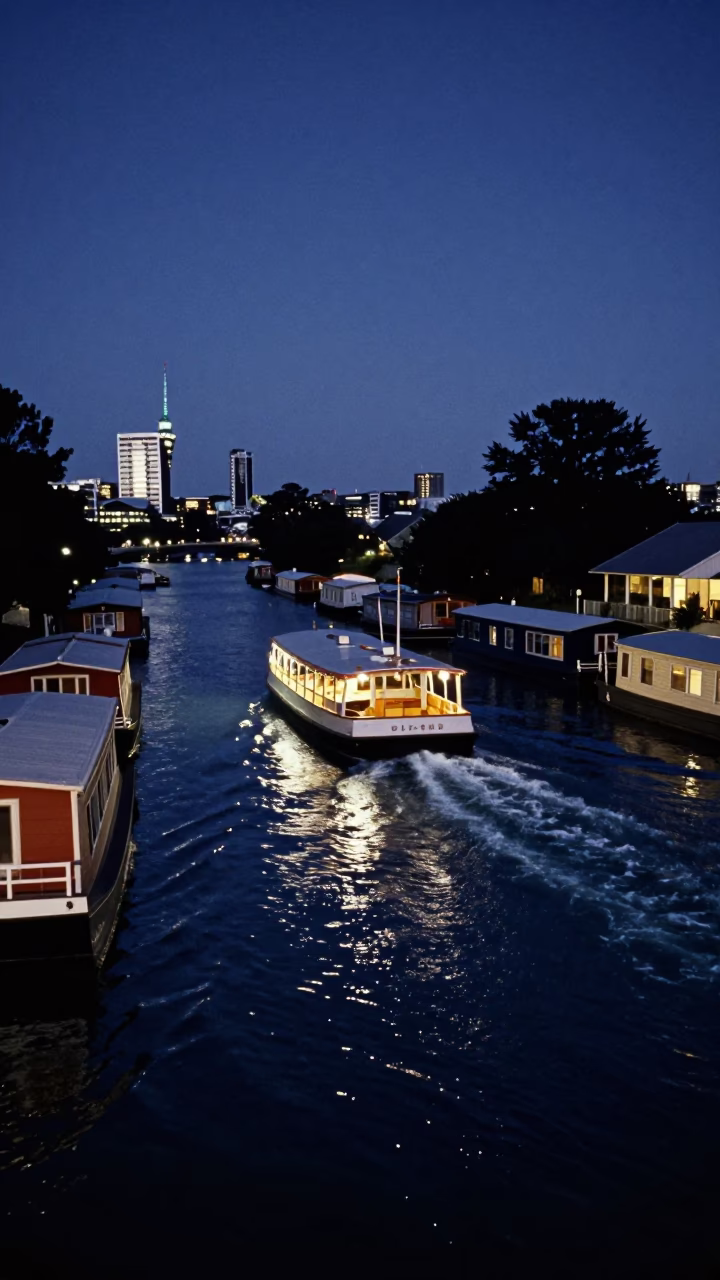 Midnight Light on Houseboats 1970s in Auckland in in Auckland, New Zealand