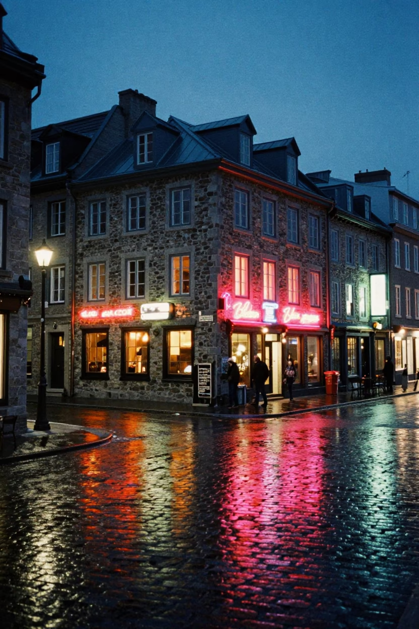 Midnight Light on Neon Reflections in Quebec City in in Quebec City, Quebec, Canada