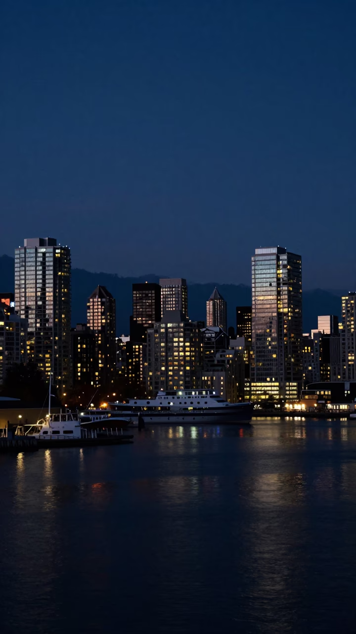Midnight Light on Skyline And Coal Harbour Marina in Vancouver in in Vancouver, British Columbia, Canada
