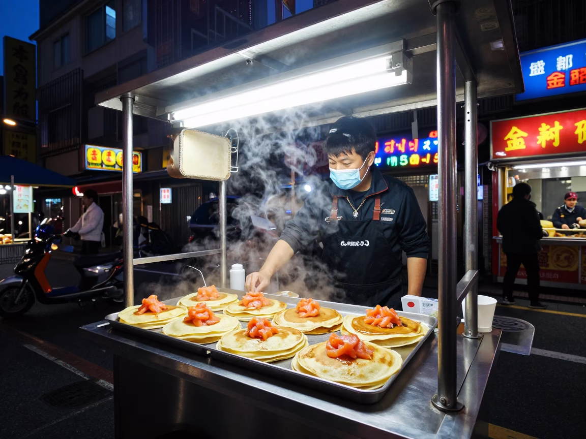 Midnight Light on Steaming Blini in Taipei in in Taipei, Taiwan