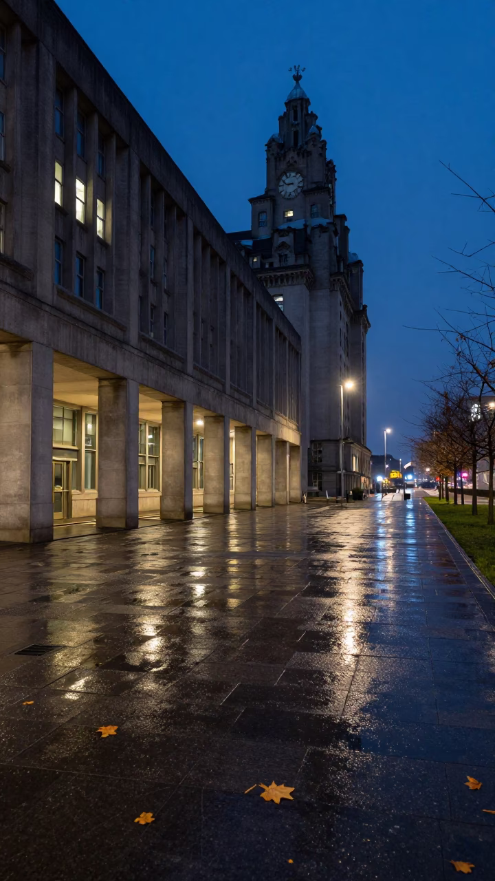 Midnight Light on Wet Leaves in Liverpool in in Liverpool, United Kingdom