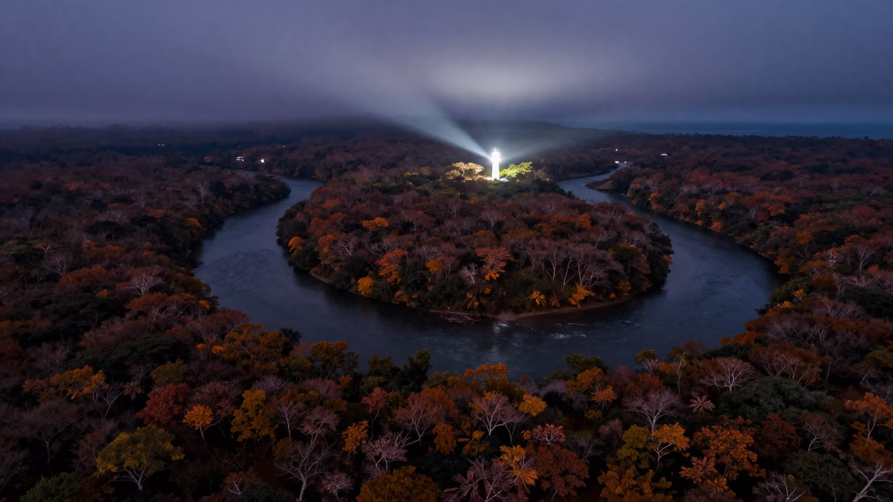 Midnight Lighthouse Beam Sweeps Autumn River Hawaii in high above braided river channels in Hawaii