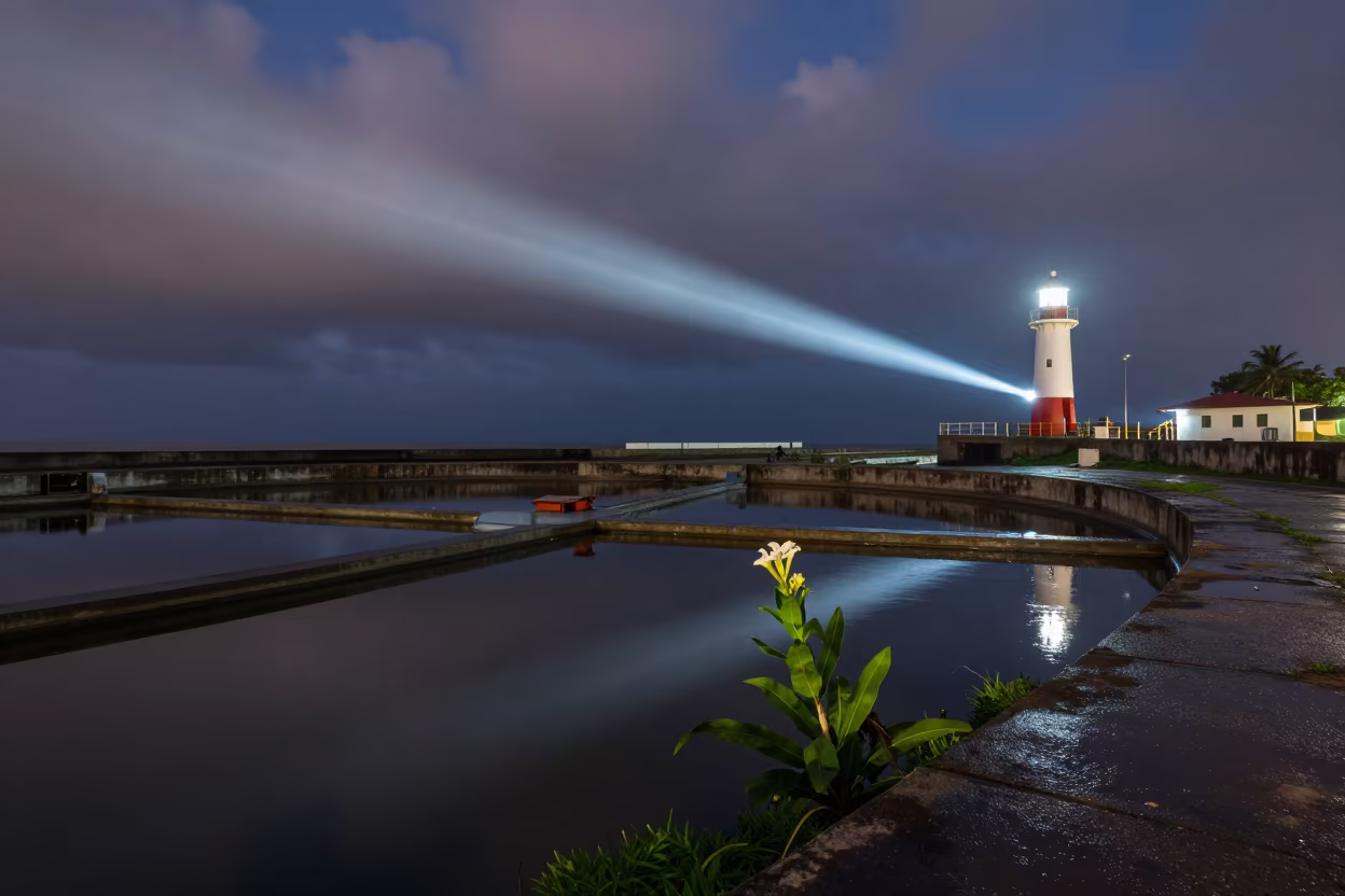 Midnight Lighthouse Sweep on Industrial Basin in beside a storm surge barrier near Luanda