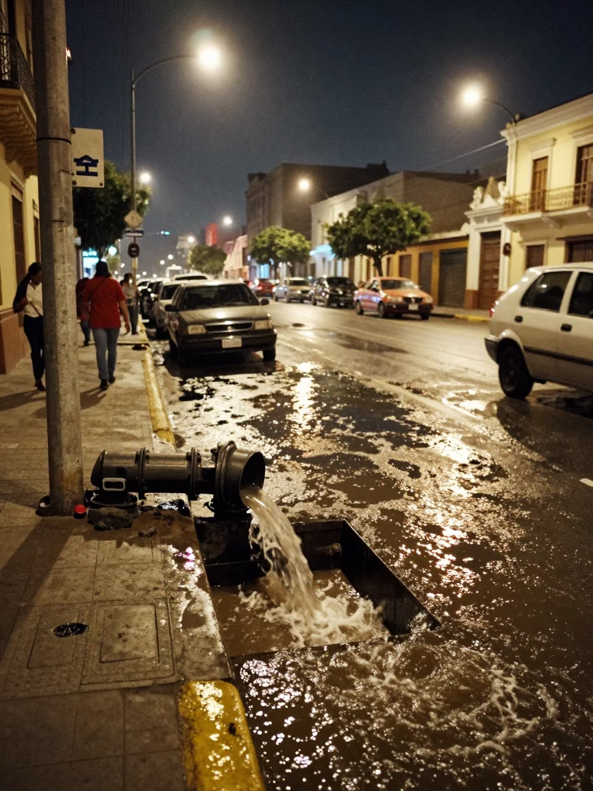 Midnight Lima Peru Street Scene with Storm Drain Outfall and Swollen River in in Lima, Peru
