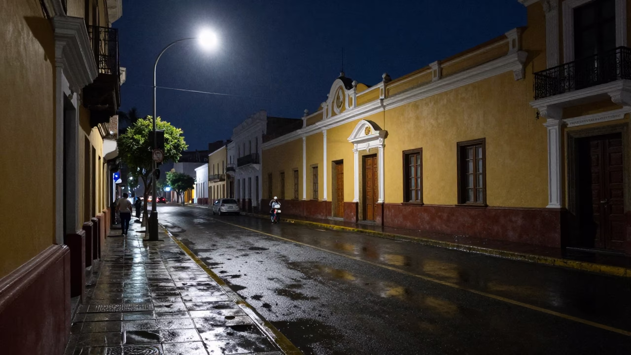 Midnight Lima Street Scene with Condensation on Tile and Local Nightlife Details in in Lima, Peru