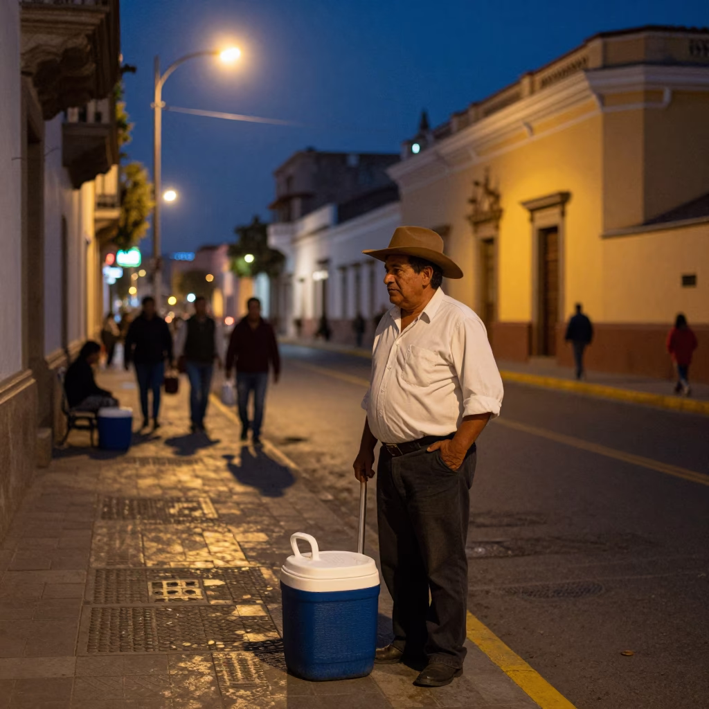 Midnight Lima Street Scene with Cooler Jug and Local Interaction in 1960s Peru in in Lima, Peru