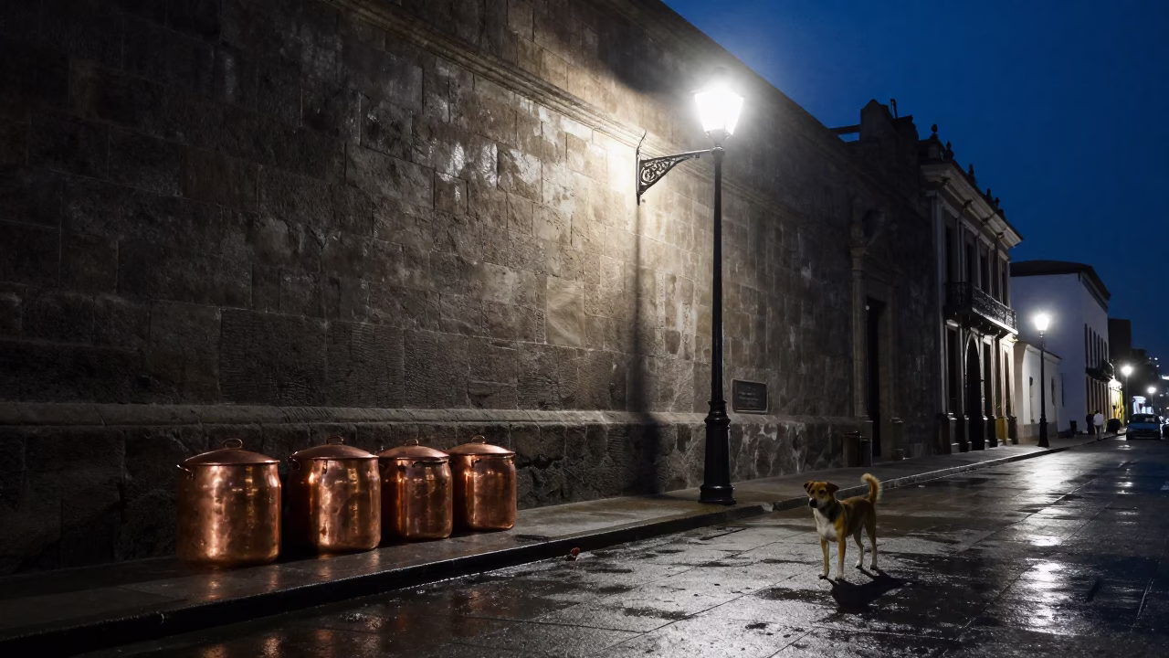 Midnight Lima Street Scene with Copper Pots and Dog in Historic District in in Lima, Peru