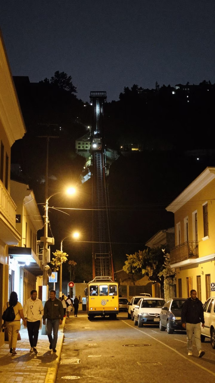 Midnight Lima Street Scene with Funicular Climbing Steep Hill and Warm Churros in in Lima, Peru