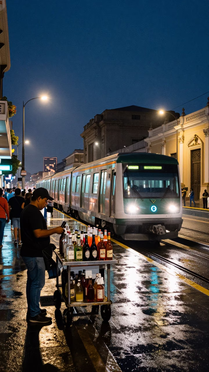 Midnight Lima Street Scene with Metro Train and Glass Bottles in in Lima, Peru