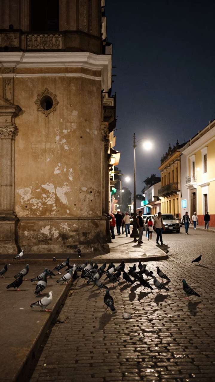 Midnight Lima Street Scene with Pigeons and Local Life in Peru in in Lima, Peru