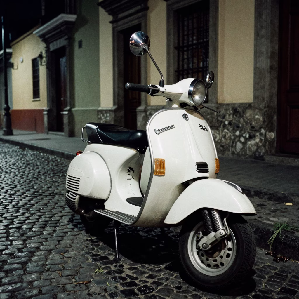 Midnight Lima Street Scene with Vintage Vespa on Cobblestone Lane in Peru in in Lima, Peru