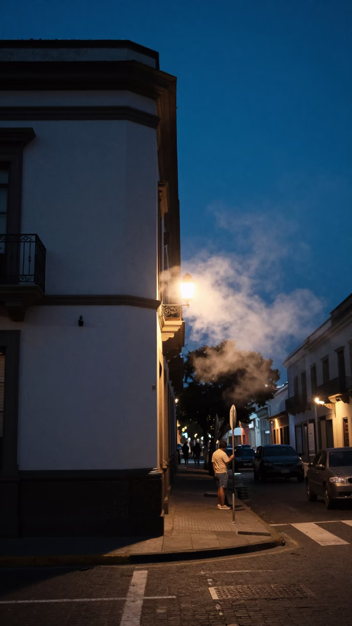 Midnight Lima Street Scene with Window Light and Steam Haze Above Rail in in Lima, Peru