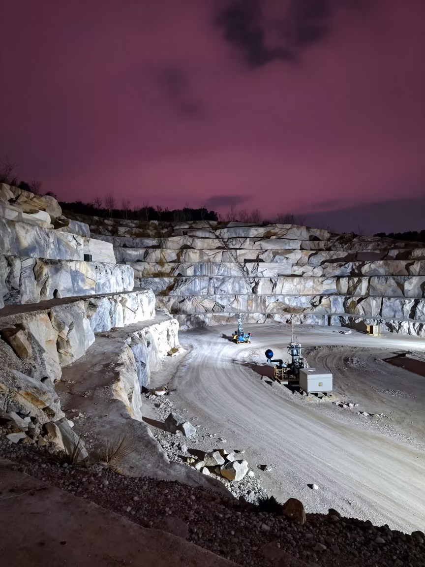 Midnight Limestone Quarry Road Under Magenta Sky in across an active works site near Izmir