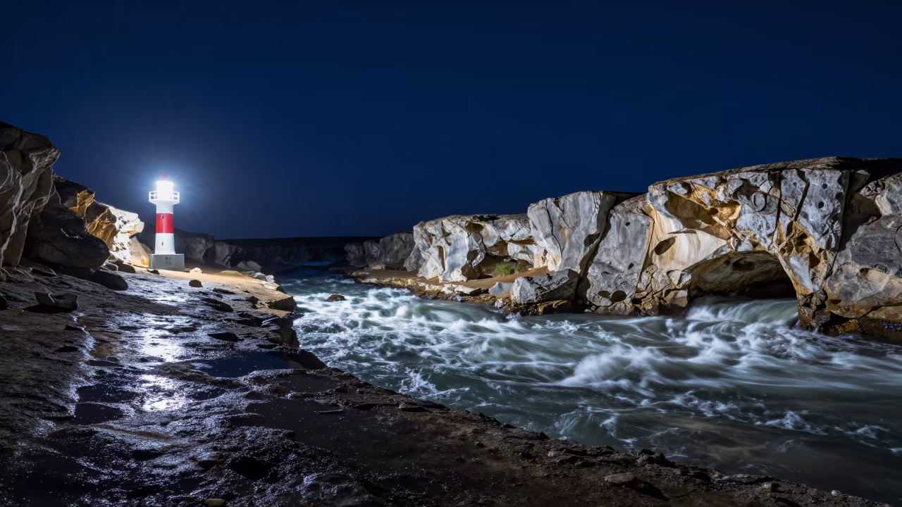 Midnight Limestone River Emerges Under Sweep Light in across a floodplain after rain in Eritrea
