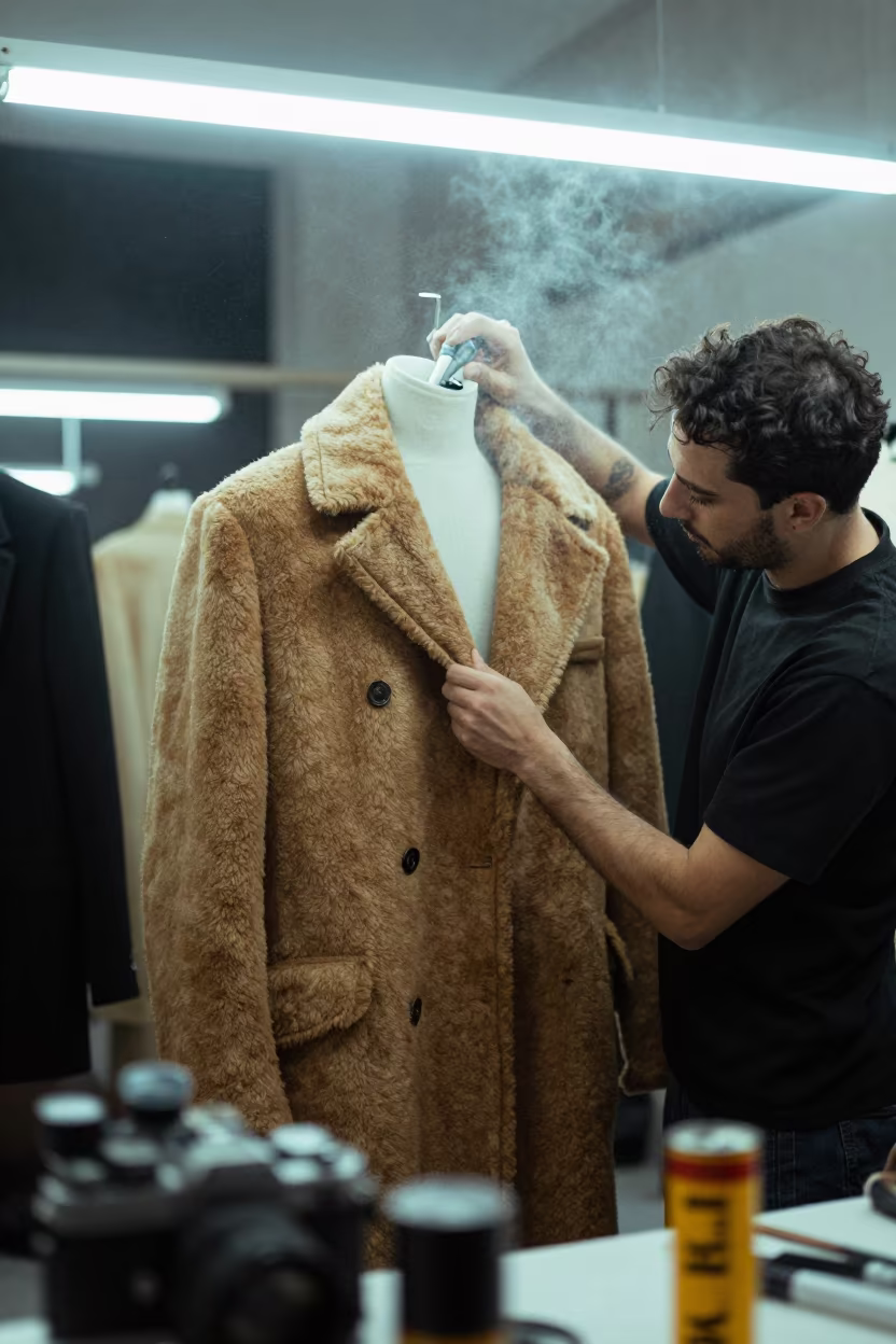 Midnight Lint Removal Camel Coat Atelier Amman in inside a couture atelier in Amman