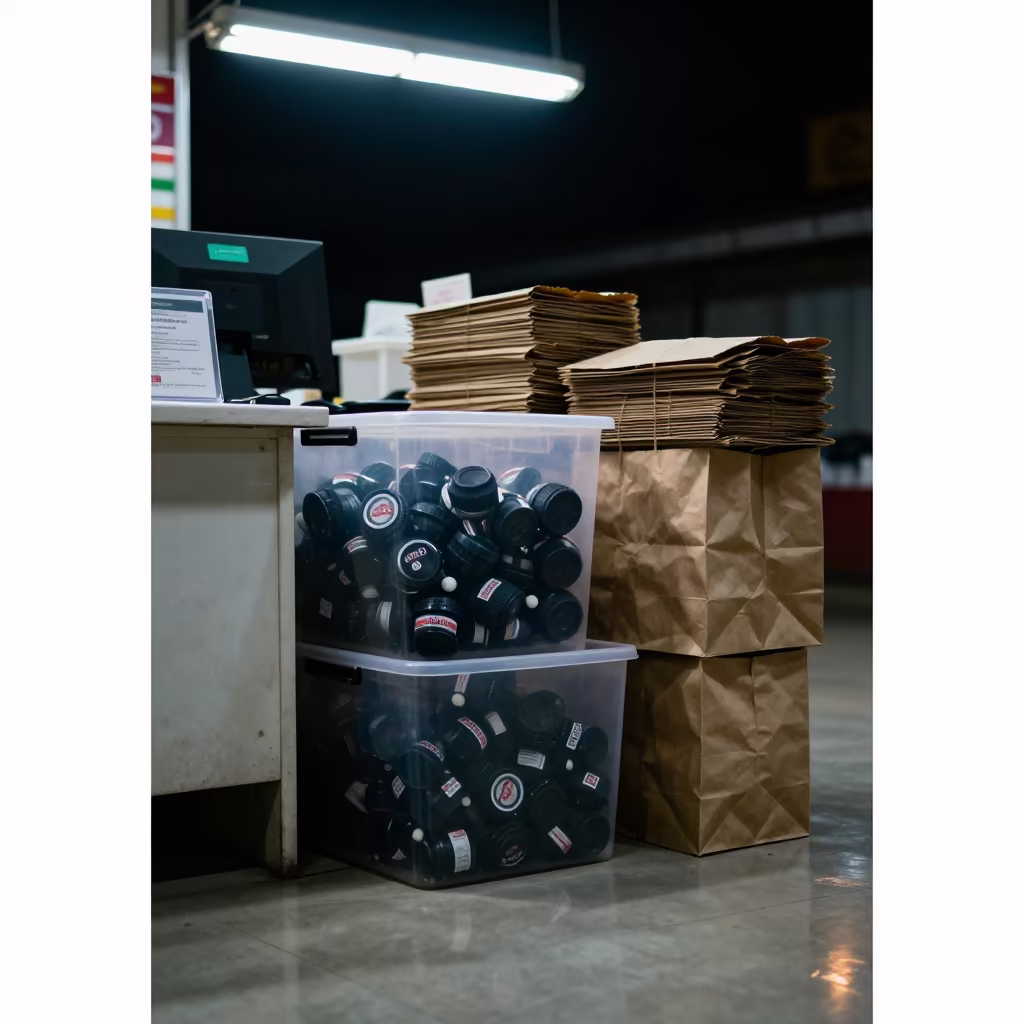Midnight Liquor Cap Bin at Pakpattan Cash Wrap in at a cash wrap counter with bags stacked nearby in Pakpattan