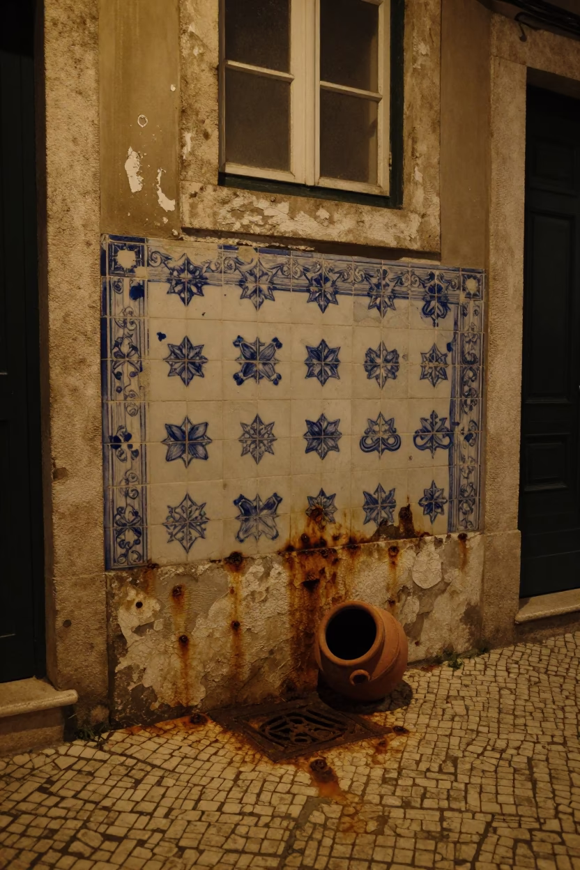 Midnight Lisbon Alleyway Rusty Tile Grout and Forgotten Clay Pot Street Scene in in Lisbon, Portugal