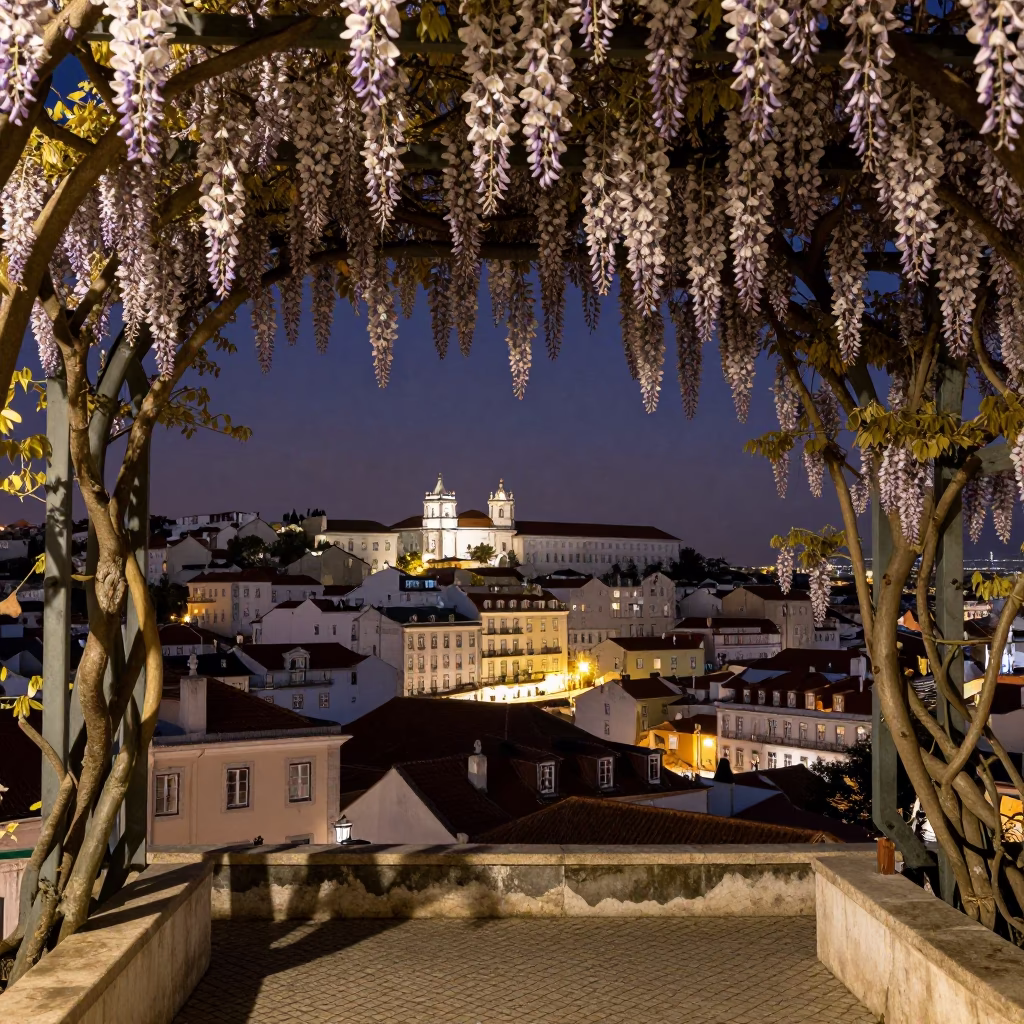Midnight Lisbon Horizon Shot of Historic District with Wisteria Tunnel and Street Lighting in in Lisbon, Portugal