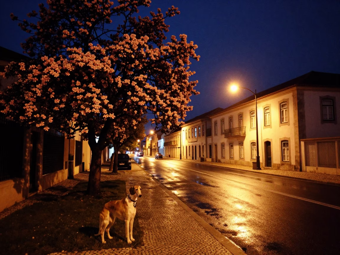 Midnight Lisbon Street Scene with Dogwood Tree and English Foxhound Near Substation in in Lisbon, Portugal