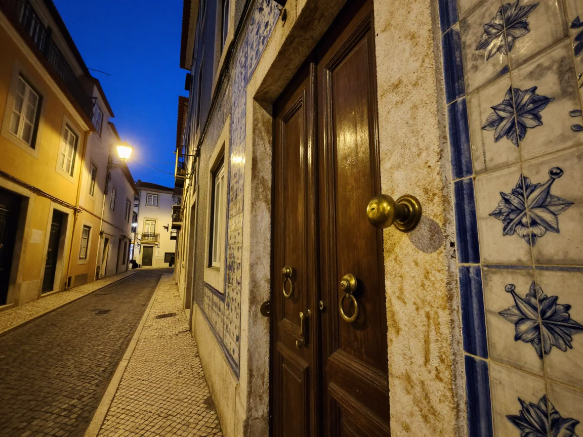 Midnight Lisbon Street Scene with Doorknob and Traditional Architecture in in Lisbon, Portugal